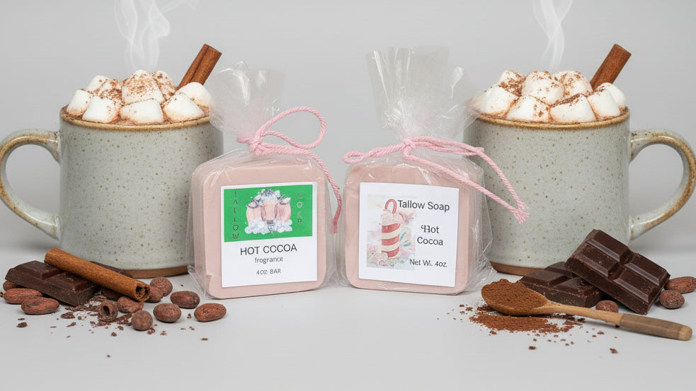 Two soap bars in pink packaging with labels with 2 cups of cocoa