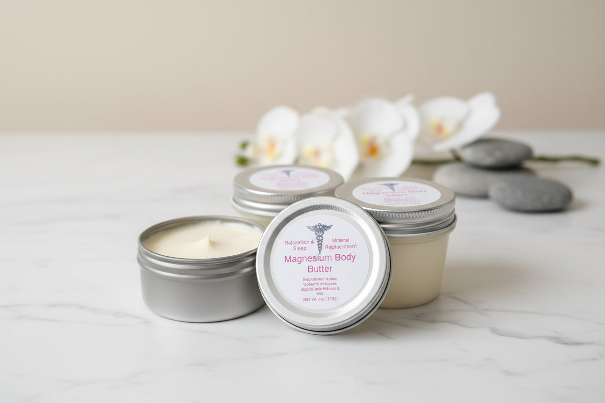 Four small jars with lids on a white table flowers in background