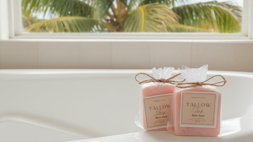 Two pink soap bars with labels on a white bath tub
