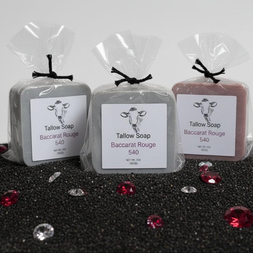 Three bars of tallow soap in clear packaging on a white background