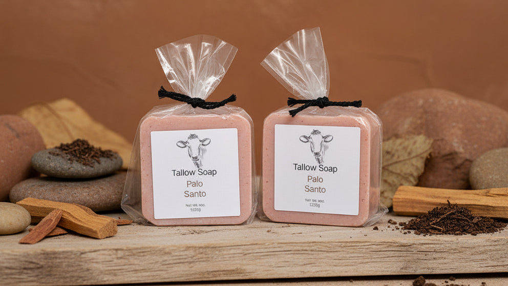 Two packages of tallow soap on a gray background