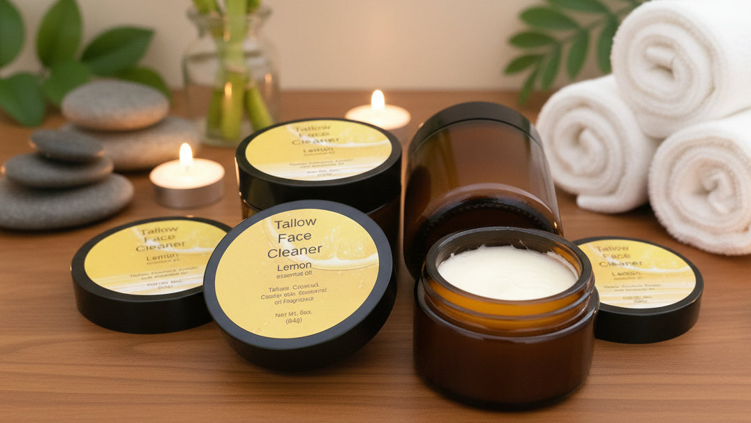 Collection of facial cleanser jars on a reflective surface with towels and candles