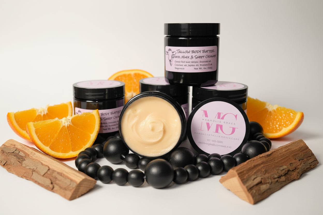 Jars of cream and oranges on a white background