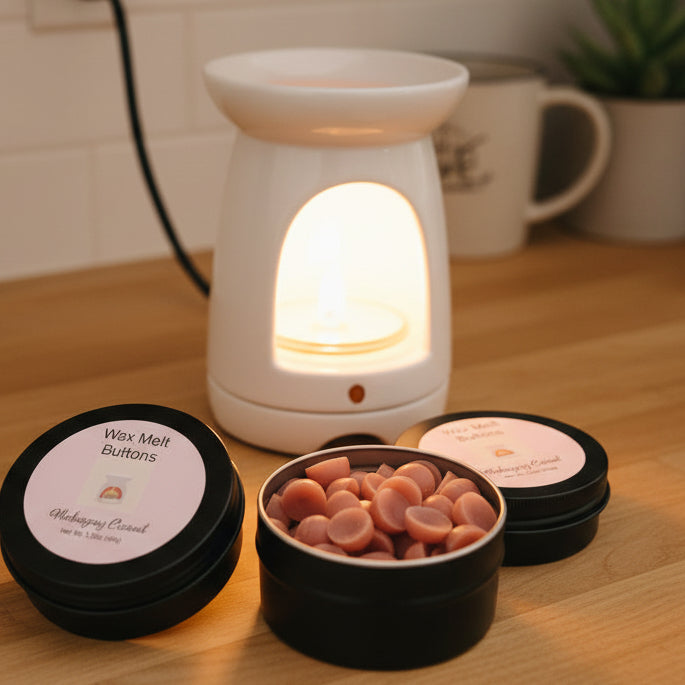 Three black tins with pink contents on a counter with a wax burner