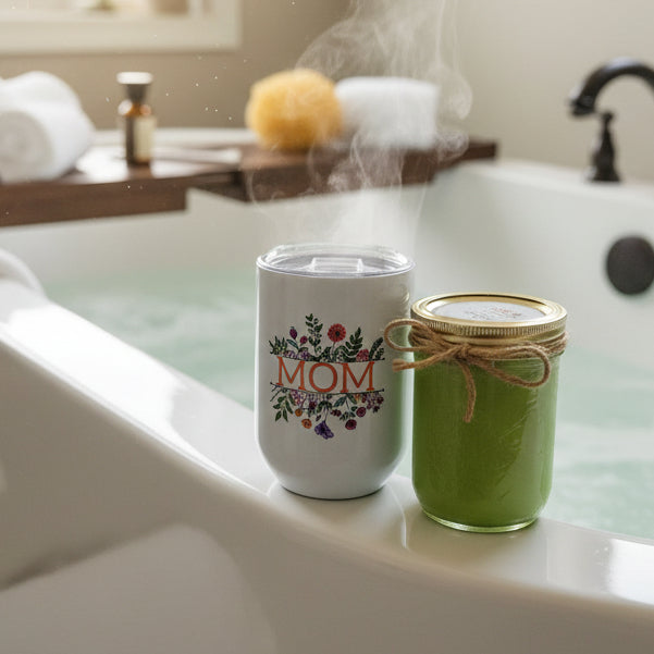 Two jars, one green and one white with 'MOM' and floral design, on a bath tub