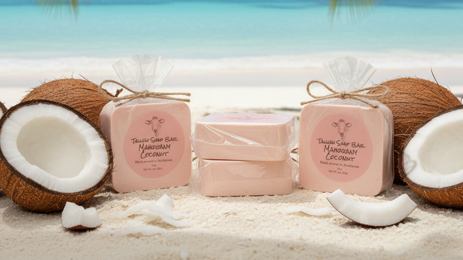 Two pink products labeled 'Mahogany Coconut' on a beach with coconuts