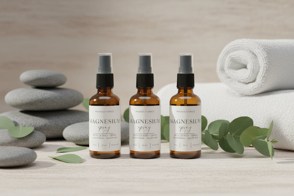 Three bottles of magnesium spray on a light gray background