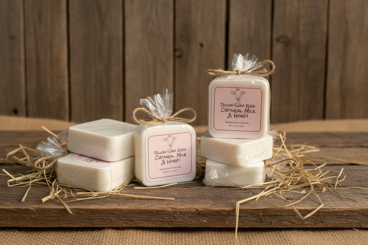 Three white soap bars with visible branding on a gray background