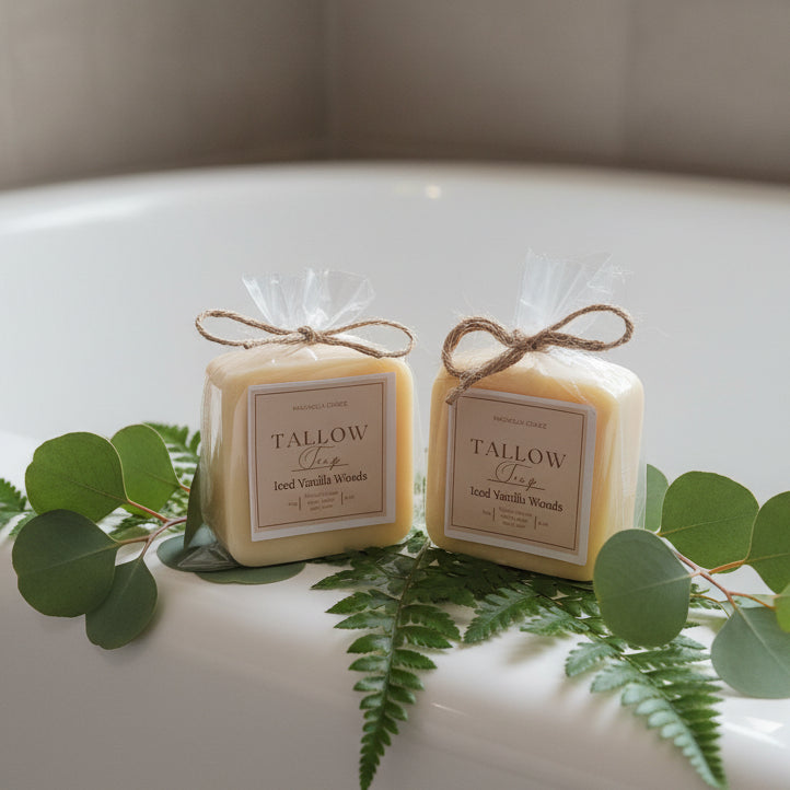 Two small square soaps with labels tied together on a white bath tub with greenery