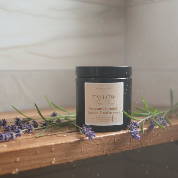 Tallow sugar scrub on a wooden shelf in a tiled room