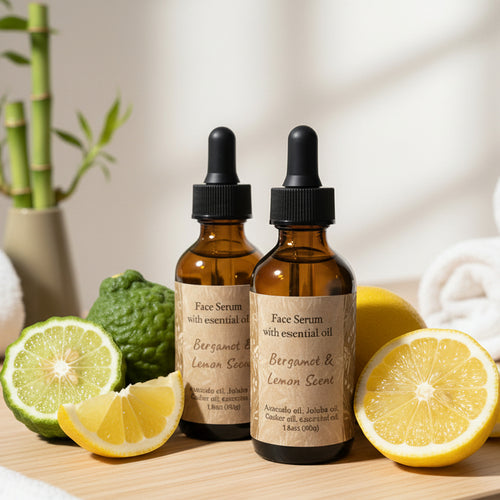 Two bottles of face serum with essential oils surrounded by citrus fruits on a white background