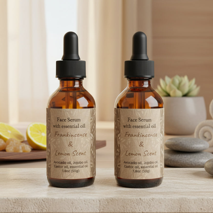 Two bottles of face serum with essential oils on a white background